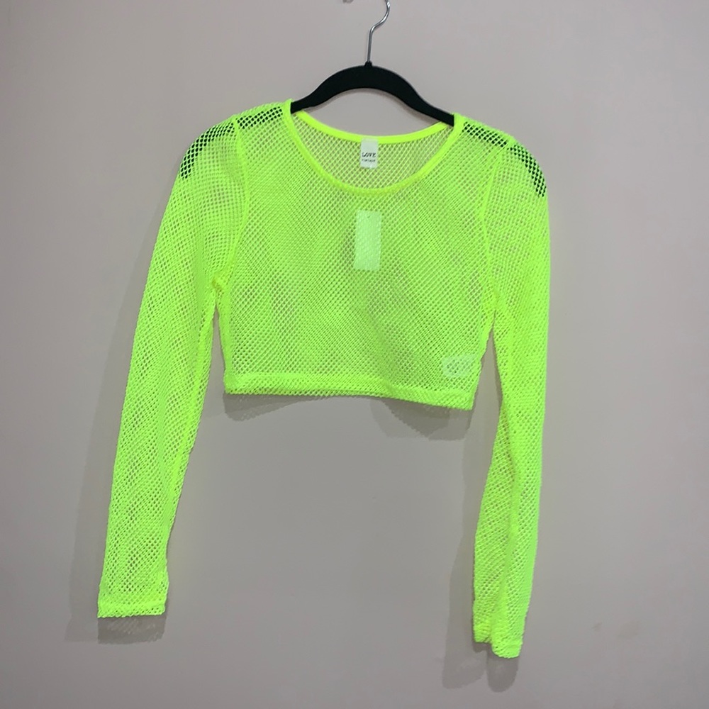 Neon Yellow Mesh Long Sleeve Crop Top